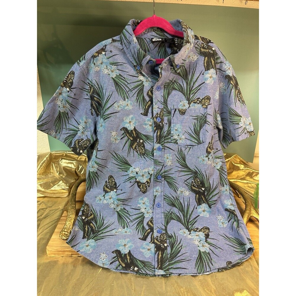 Star Wars Shirt Men's Size Small Blue Chewbacca Hawaiian Floral Button Up
